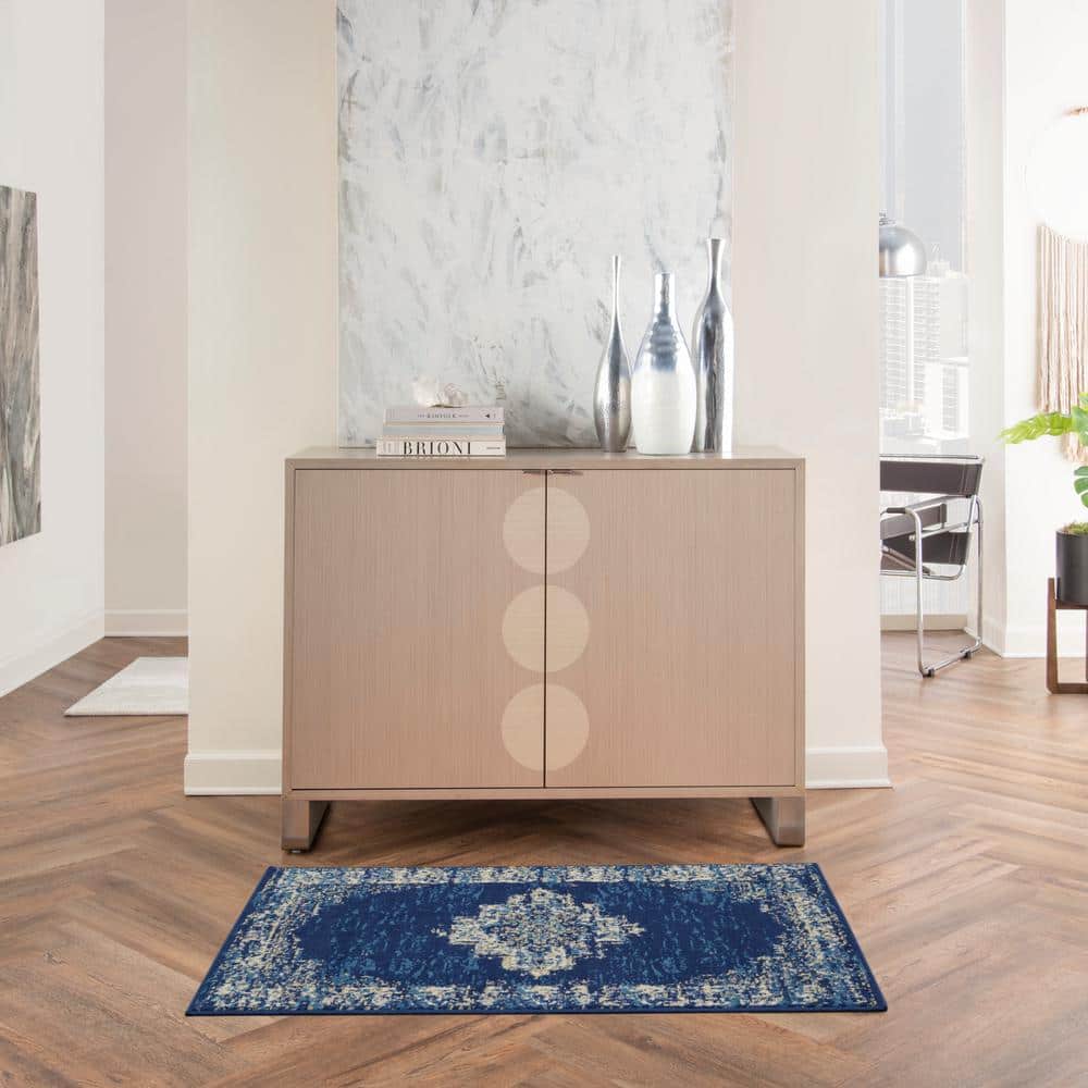 Navy Blue Medallion Tufted Synthetic Area Rug 2' x 4'