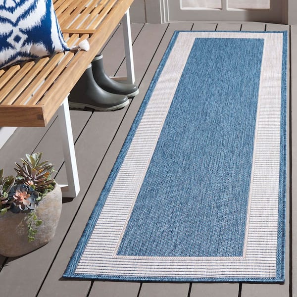 Beach House Blue/Ivory 2 ft. x 8 ft. Double Border Indoor/Outdoor Runner Rug