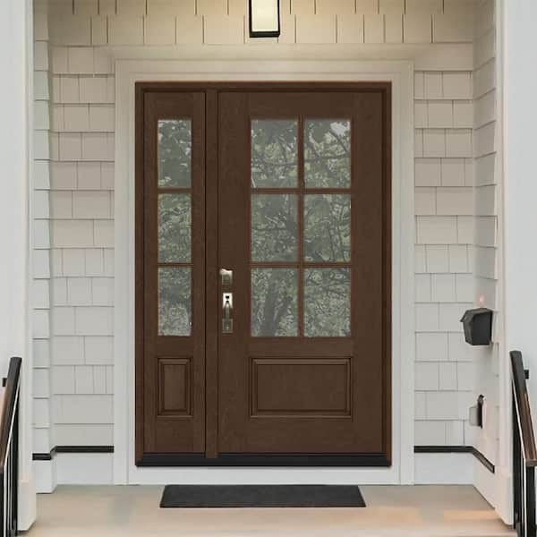 Regency 53 in. x 80 in. 3/4-6 Lite Clear Glass RHIS Hickory Fiberglass Prehung Front Door w/14in. SL & 8012BLK Lockset