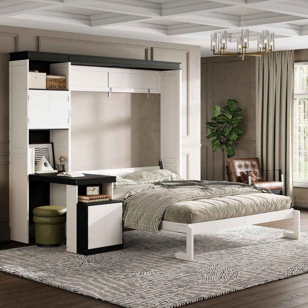 White Wood Frame Full Murphy Bed with Desk and Storage Shelves and Cabinets