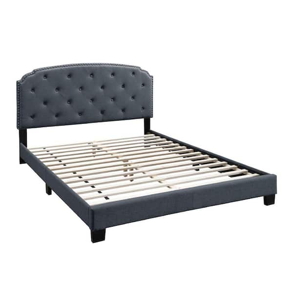 Benjara Gray Wooden Frame Queen Platform Bed with Button Tufted Scalloped Headboard
