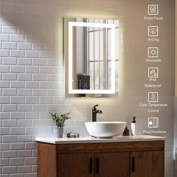 KINWELL 28 in. W x 36 in. H Frameless Rectangular LED Light Bathroom Vanity Mirror