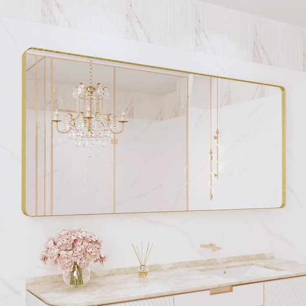 Klajowp 77 in. W x 36 in. H Large Rectangular Framed Wall Mounted Bathroom Vanity Mirror in Brushed Gold