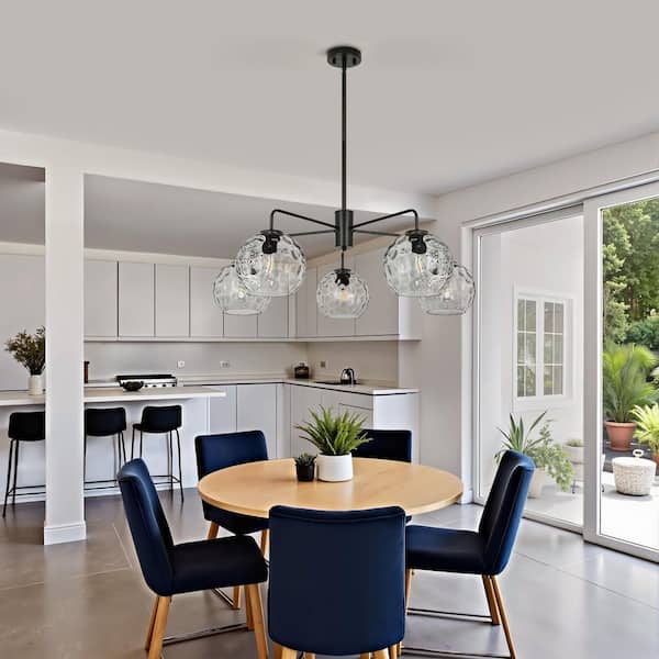 Jasslynn 33 in. 5-Light Black Modern Chandelier w/Hammered Clear Glass Shades for Bedroom, Living Room & Kitchen