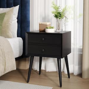 Black 2-Drawers Acacia Wood Nightstand