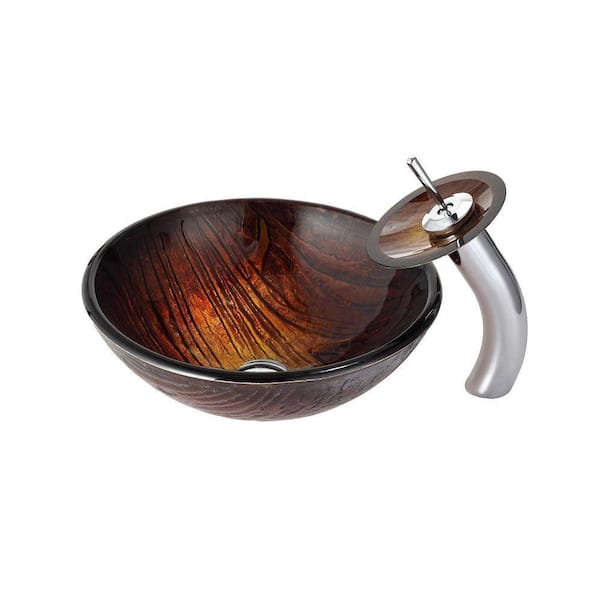 KRAUS Titania Glass Vessel Sink in Brown with Waterfall Faucet in Chrome