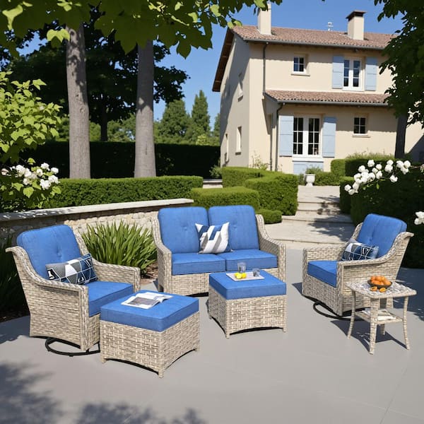 OVIOS Palffy Gray 6-Piece Wicker Patio Conversation Seating Set with Diamond Blue Cushions and Swivel Rocking Chairs