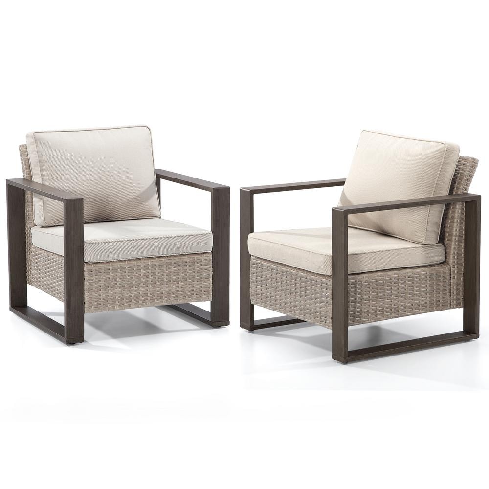 Beige Wicker Outdoor Lounge Chairs with Cushions and Metal Frame