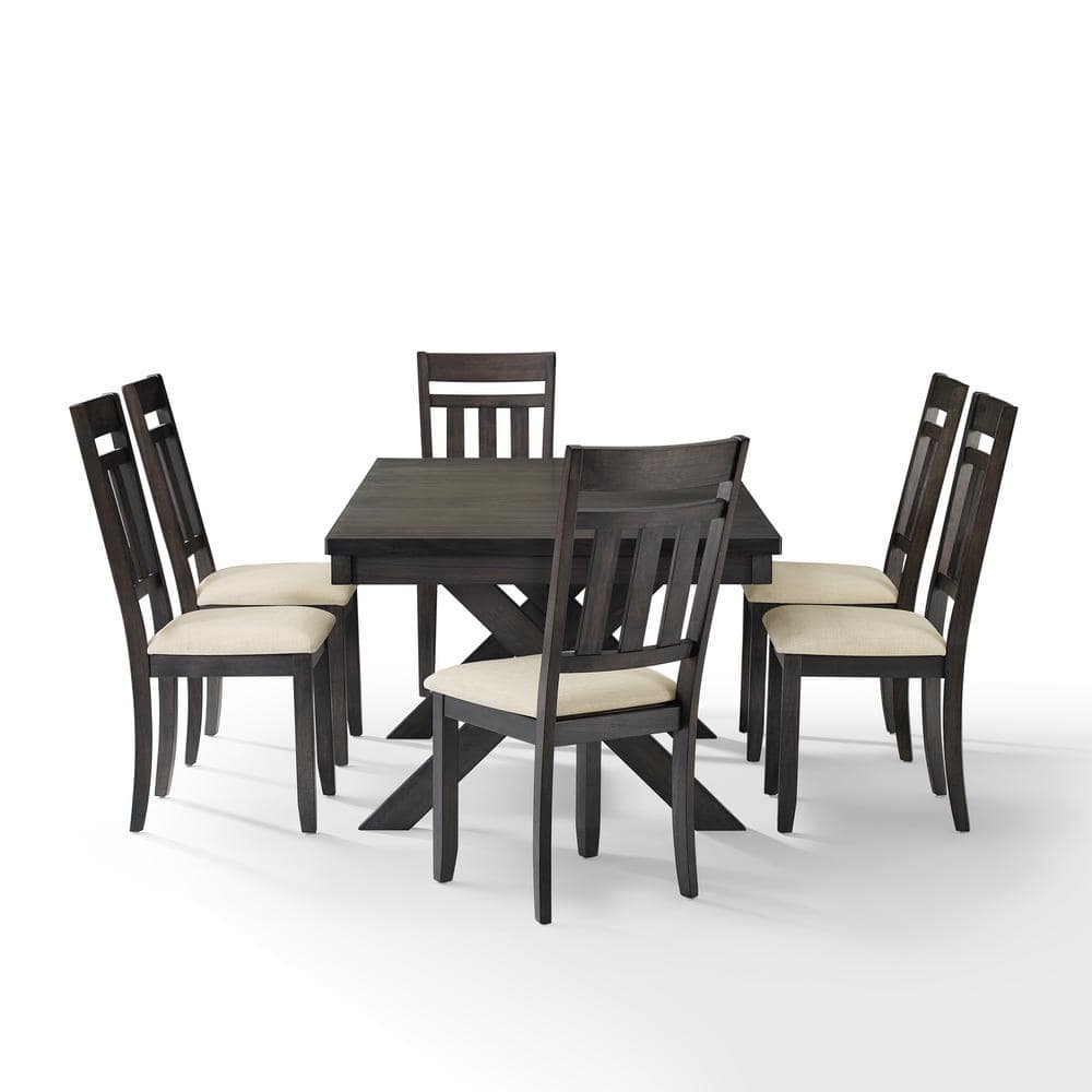 Hayden Slate 7-Piece Dining Set with Creme Linen Chairs