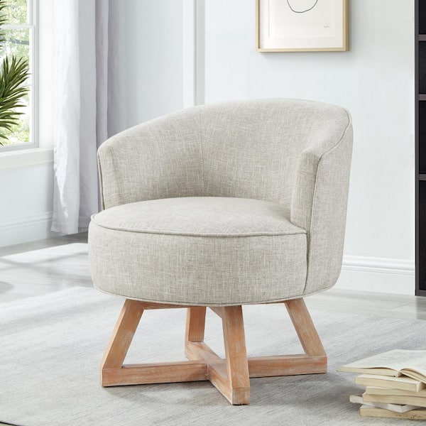 Noble House Horsan Light Gray Upholstered Linen 360° Swivel Arm Chair, Rubberwood Cross-Shape Legs