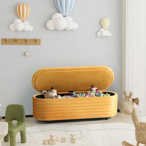 Farrah 54 in. Wide Oval Velvet Upholstered Entryway Flip Top Storage Bedroom Accent Bench in Mustard