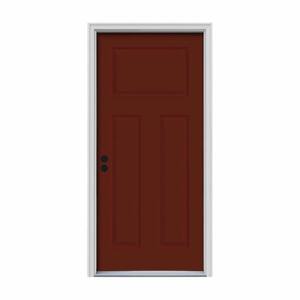 32 in. x 80 in. 3-Panel Craftsman Mesa Red Painted Steel Prehung Right-Hand Inswing Front Door w/Brickmould