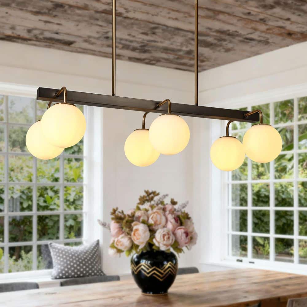 Alada 33.5 in. Modern Gunmetal Gray Linear Island Chandelier 6-Light Brass Kitchen Pendant Light with White Glass Globes price history on PriceWatchPro