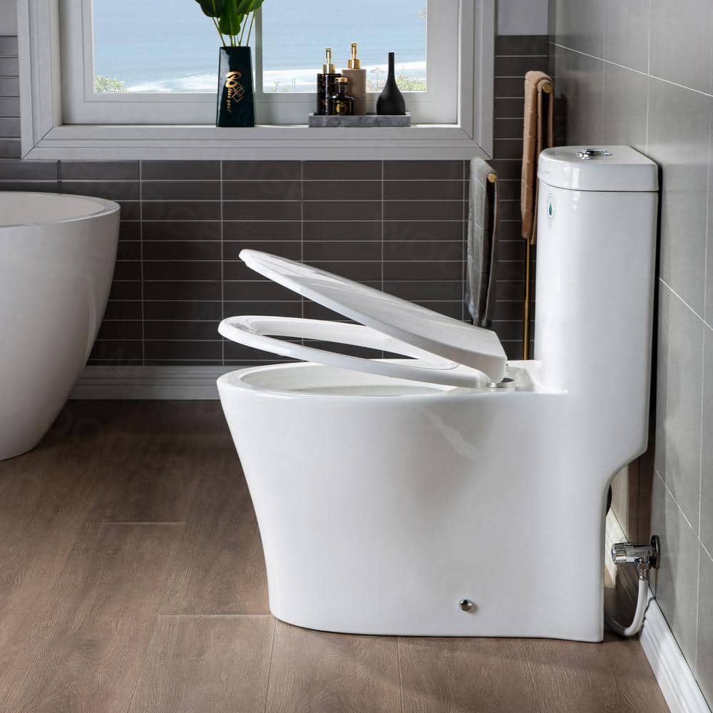 White Elongated One-Piece Dual Flush Toilet with Soft Closing Seat
