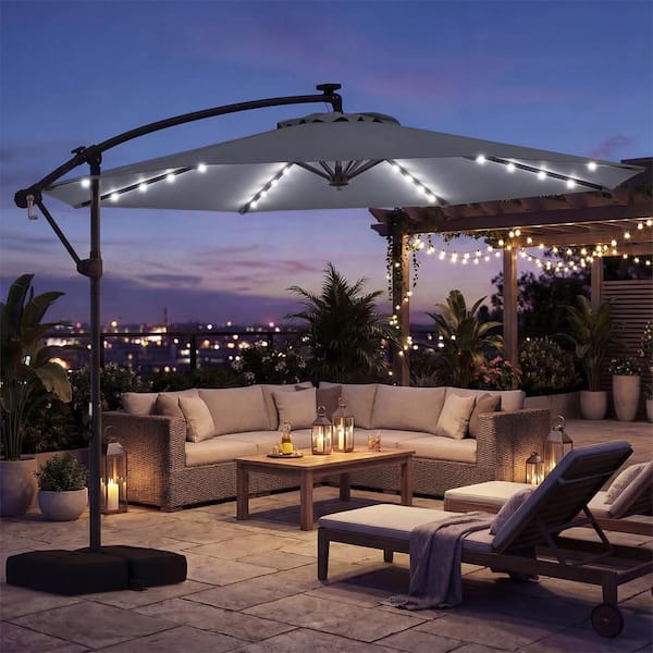 custom led patio umbrellas WestinTrends 10 ft Outdoor Patio Solar LED Cantilever Umbrella with Base Weights, Dark Green