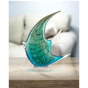 16 in. Aqua Fish Handcrafted Irregular Art Glass Figurine