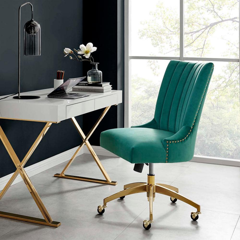 Gold Teal Velvet Swivel Office Chair with Gold Metal Base