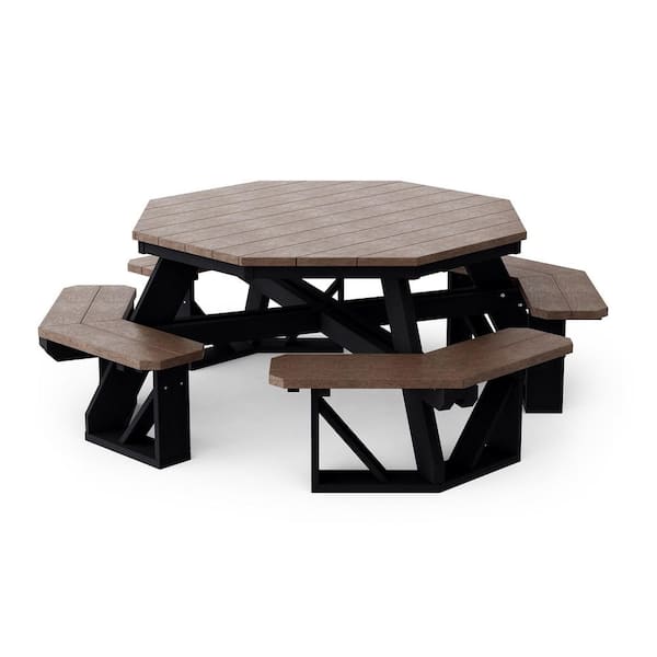 Heritage 87 in. Tudor Brown and Black Octagon HDPE Plastic Picnic Table Seats 8 People