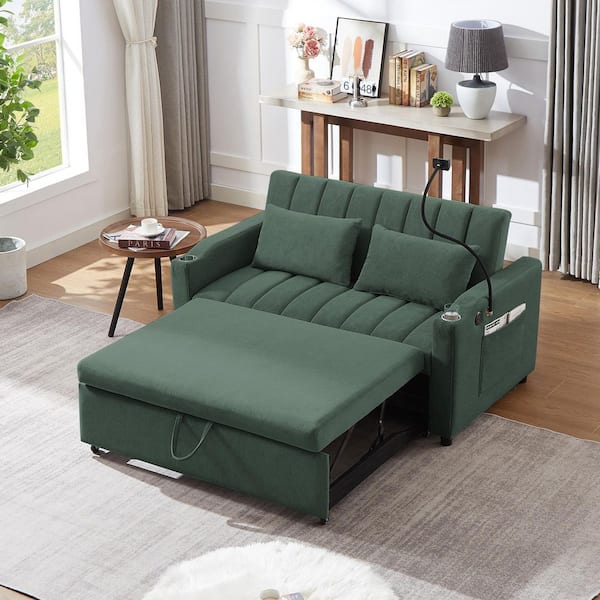 55.9 in. Green Fabric Twin Size Sofa Bed Convertible Loveseat Sofa with USB Ports, Cup Holders, Phone Holder