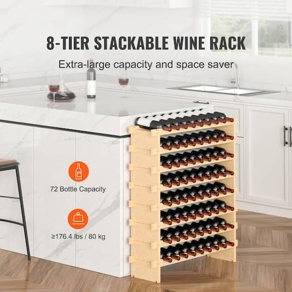 72-Bottle Stackable Wine Rack,8-Tier Solid Bamboo Storage, Freestanding Display Shelf for Kitchen, Bar,Cellar (Natural)