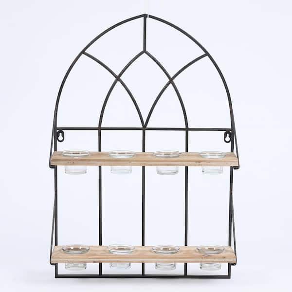 LuxenHome Metal Cathedral Window with 8 Tealight Holders Wall Panel