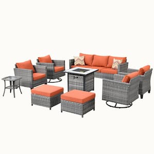 Mars Gray 9-Piece 7-People Wicker Patio Conversation Fire Pit Sofa Set with Red Orange Cushion and Swivel Rocking Chairs