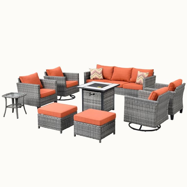 Mars Gray 9-Piece 7-People Wicker Patio Conversation Fire Pit Sofa Set with Red Orange Cushion and Swivel Rocking Chairs