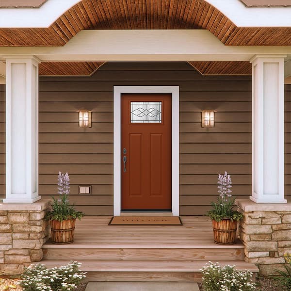 36 in. x 80 in. Right-Hand Craftsman Carillon Decorative Glass Mesa Red Steel Prehung Front Door