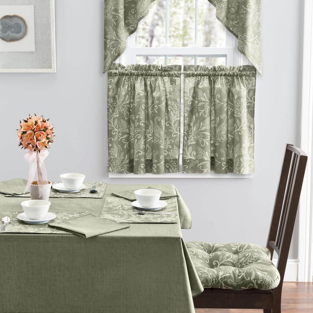 Sage Leaf Pattern Cotton Polyester Window Curtain Tiers