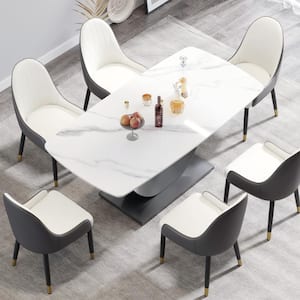 70.87 in. White Sintered Stone Tabletop Gunmetal Gray Pedestal Leg Dining Table with Anti-Collision Arc Corner (Seats 6)