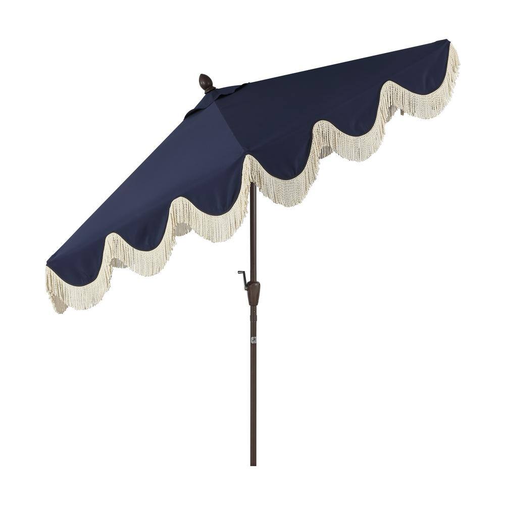 Navy and Cream 9 ft. Cottage Tassel Patio Umbrella
