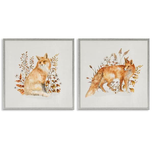 Stupell Industries Fluffy Red Fox Autumn Leaves by Janice Gaynor 2-Pieces Gray Framed Animal Giclee Art Print 24 in. x 24 in.