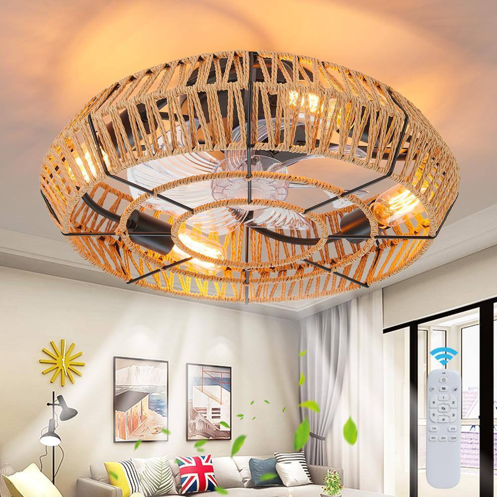 Fan Ger Rpe Deyidn 19.69 in. Indoor Hemp Rope Ceiling Fan Light Brown with Light ...