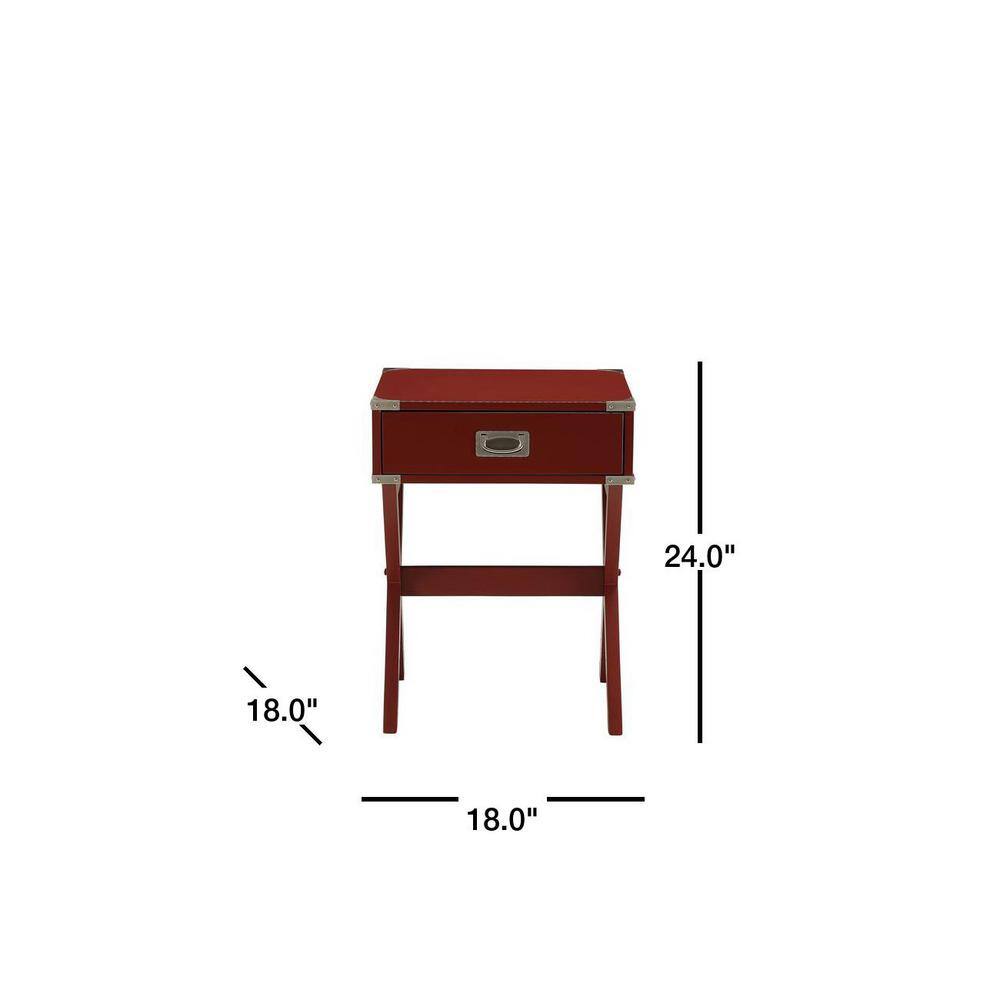 Red Square Wooden End Table with Metal Accents and Storage