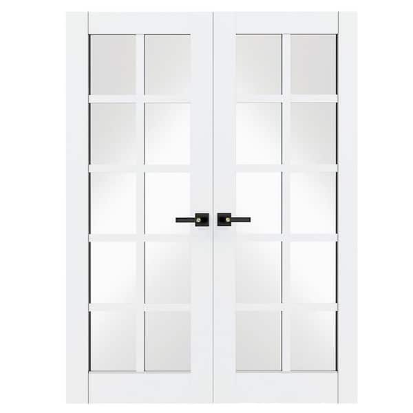 TENONER 60 in. x 80 in. Composite, MDF, 10-Lite, Mirrored Glass, Primed, White Interior Door Slab With Black Lever Handle