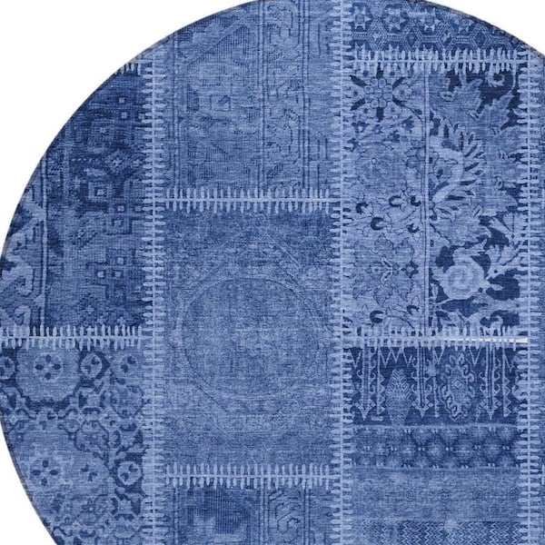 Navy Blue, Denim Blue 8 ft. Round Woven Plaid Polyester Round Indoor/Outdoor Area Rug