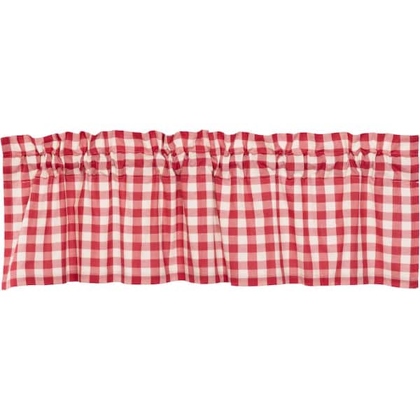 VHC BRANDS Annie Buffalo Check 60 in. W x 16 in. L Cotton Straight Edge Rod Pocket Farmhouse Kitchen Curtain Valance in Red White