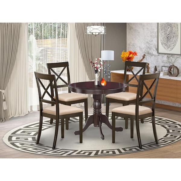 5-Piece Round Cappuccino Finish Solid Wood Top Dining table with 4 Chairs with Lattice Back