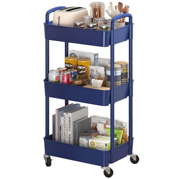 3-Tier Plastic -Wheeled Storage Utility Cart in Blue