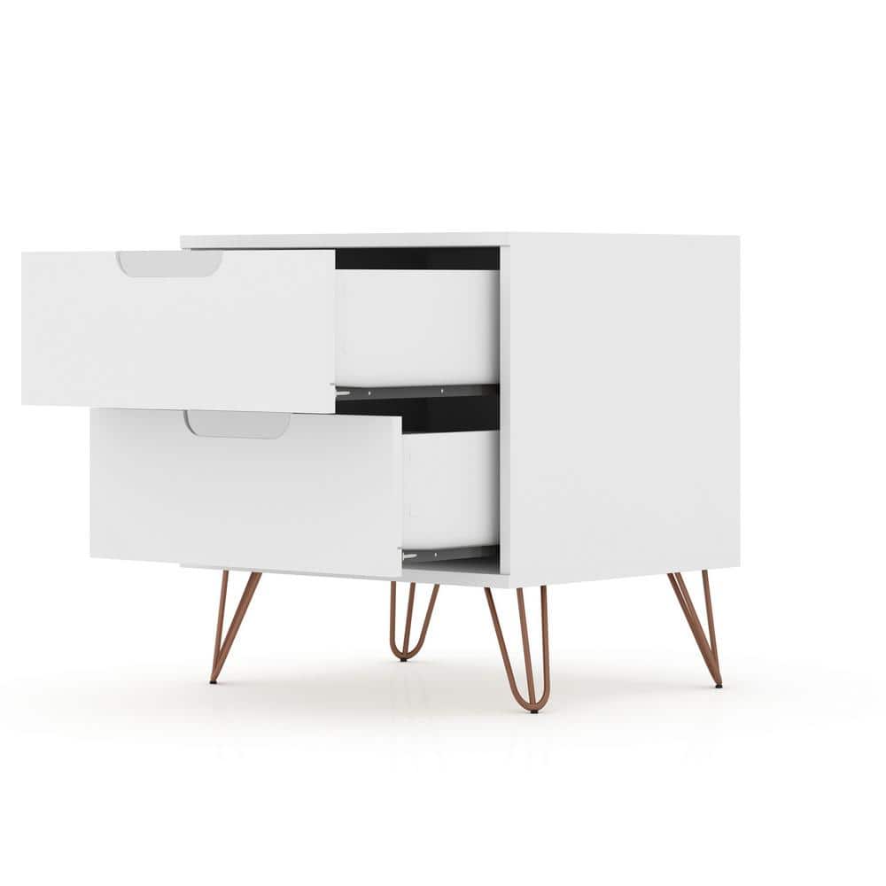 Rockefeller 2-Drawer White Wood Nightstands with Metal Legs, Set of 2