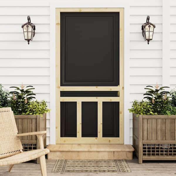 36 in. x 80 in. 3-Lite Single Universal Paneled Unfinished Pine Wood and Gauze Mesh Hinged Screen Door