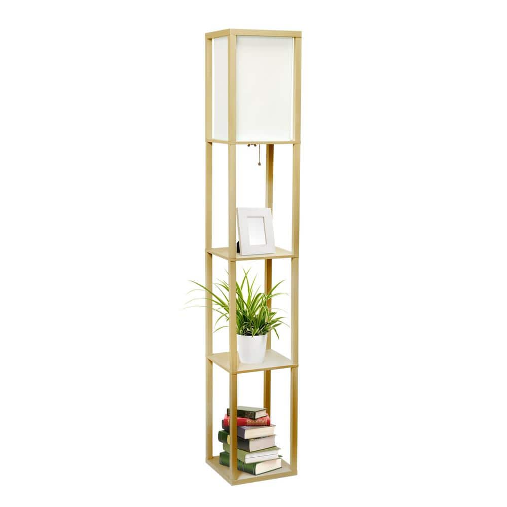 Tan Multifunctional Floor Lamp with Linen Shade and Storage Shelves
