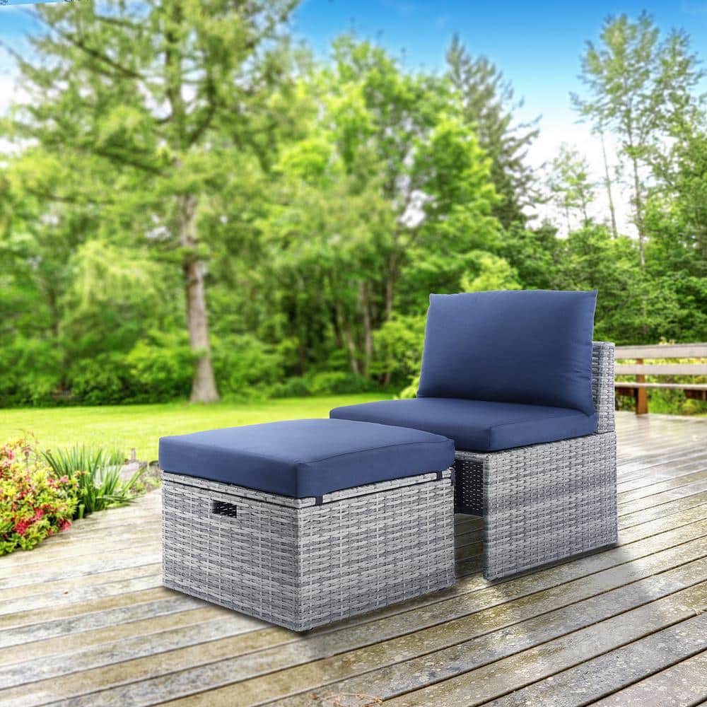 Gray Wicker Outdoor Lounge Chair with Navy Blue Cushions