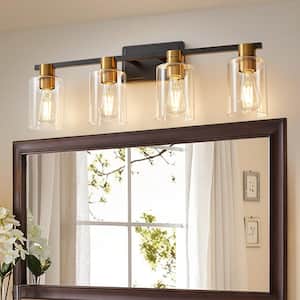 8.46 in. 4-Light Black and Gold Modern Industrial Indoor Vanity Light with Clear Glass Shades, Bulbs Not Included