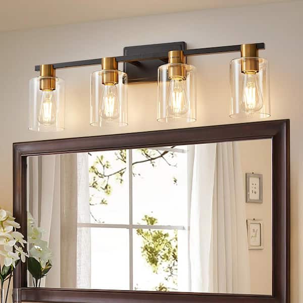 Deyidn 8.46 in. 4-Light Black and Gold Modern Industrial Indoor Vanity Light with Clear Glass Shades, Bulbs Not Included