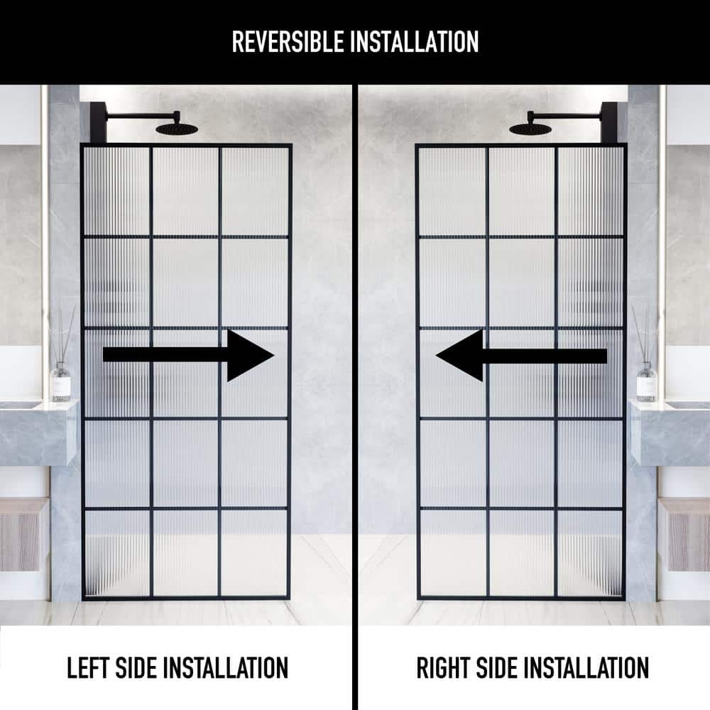 Mosaic Matte Black 34" x 74" Fluted Glass Shower Screen