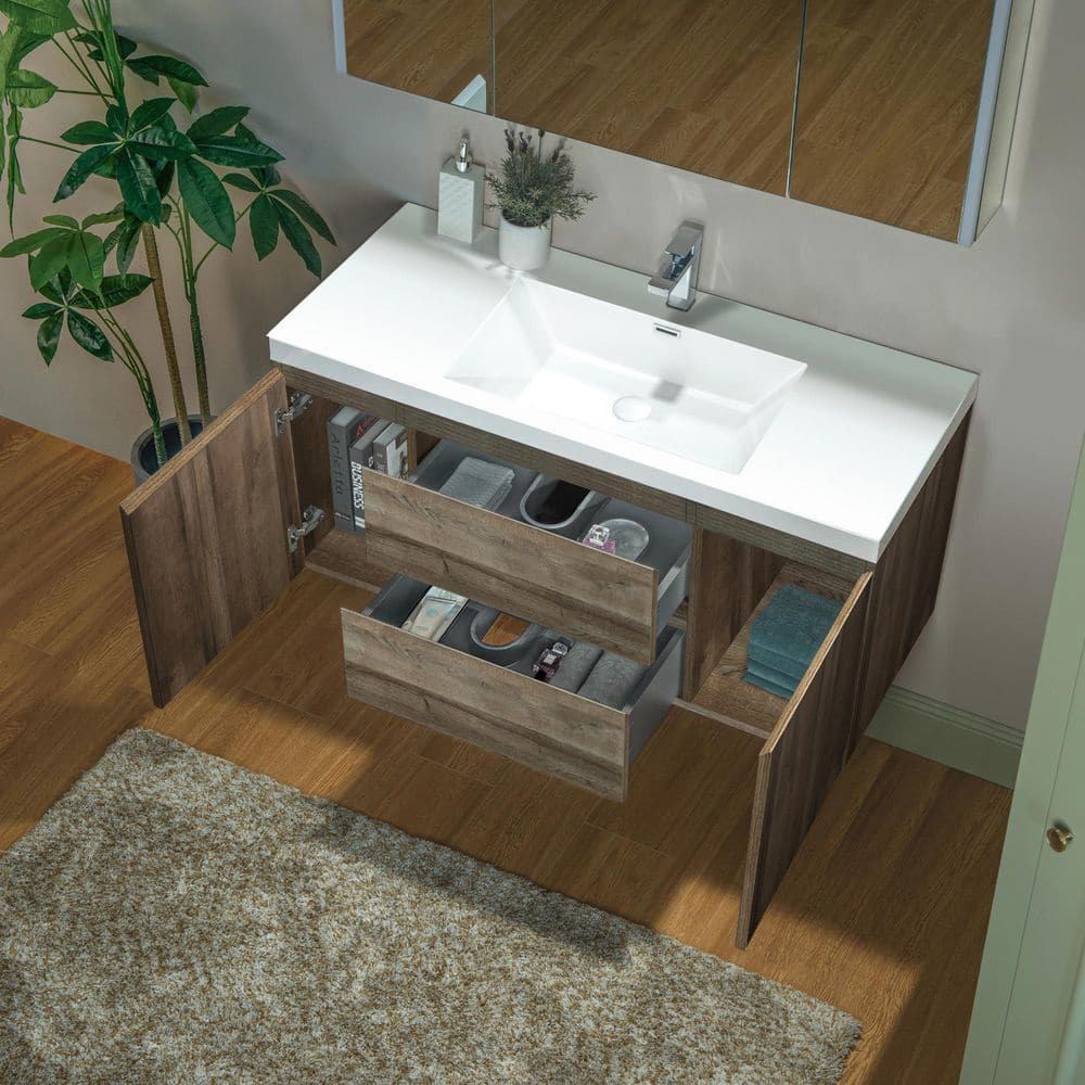 47" Gray Oak Wall-Mounted Floating Vanity with White Resin Top