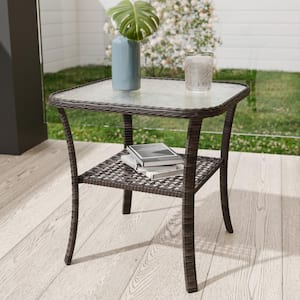 Brown Square Wicker Outdoor Patio Glass Top Double-Deck Side Table