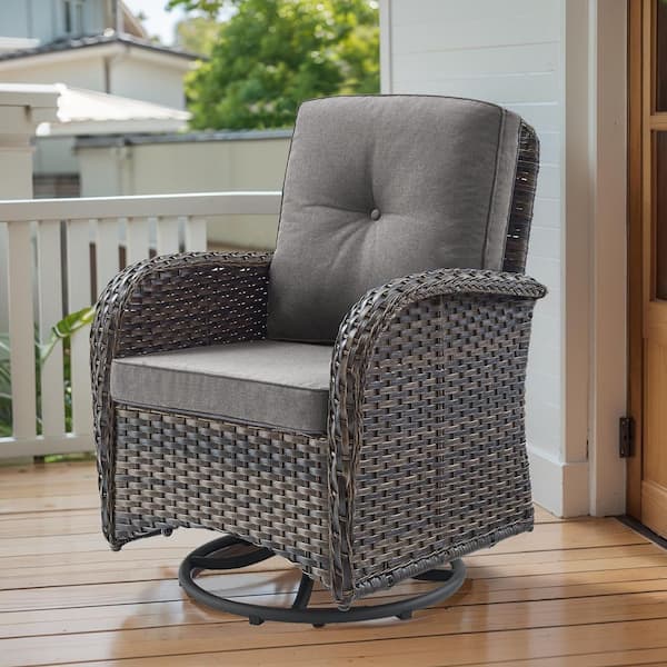Opohoro Brown Wicker Outdoor Rocking Chair, Patio Swivel Rocking Chair with Gray Cushions for Porch or Balcony (1-Pack)