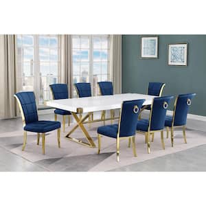 Miguel 9-Piece Rectangle White Wood Top Gold Stainless Steel Dining Set with 8 Navy Blue Velvet Chairs